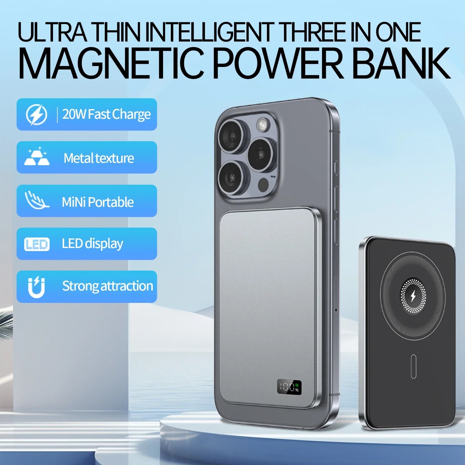 Grey - Magnetic Power Bank (5000Mah)